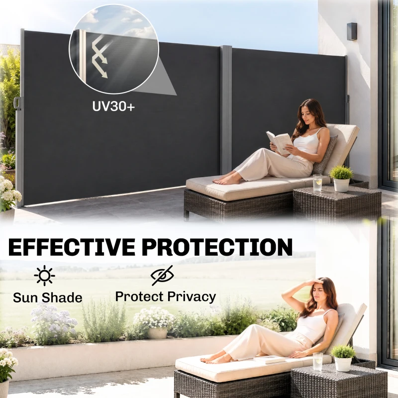Outsunny Retractable Double Side Awning, 79"x236" Patio Privacy Screen, UV Resistant, Waterproof Wind Screen, Charcoal Grey