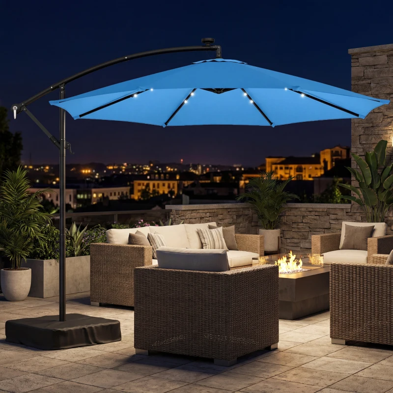 Outsunny 10 ft Cantilever Patio Umbrella with Light, Weight, Offset Hanging Outdoor Umbrella with Protective Cover, Lake Blue