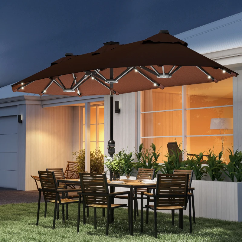 Outsunny Double-sided Outdoor Patio Umbrella with Solar Lights and Base, Dining Table Umbrella Push Button Tilt, Coffee
