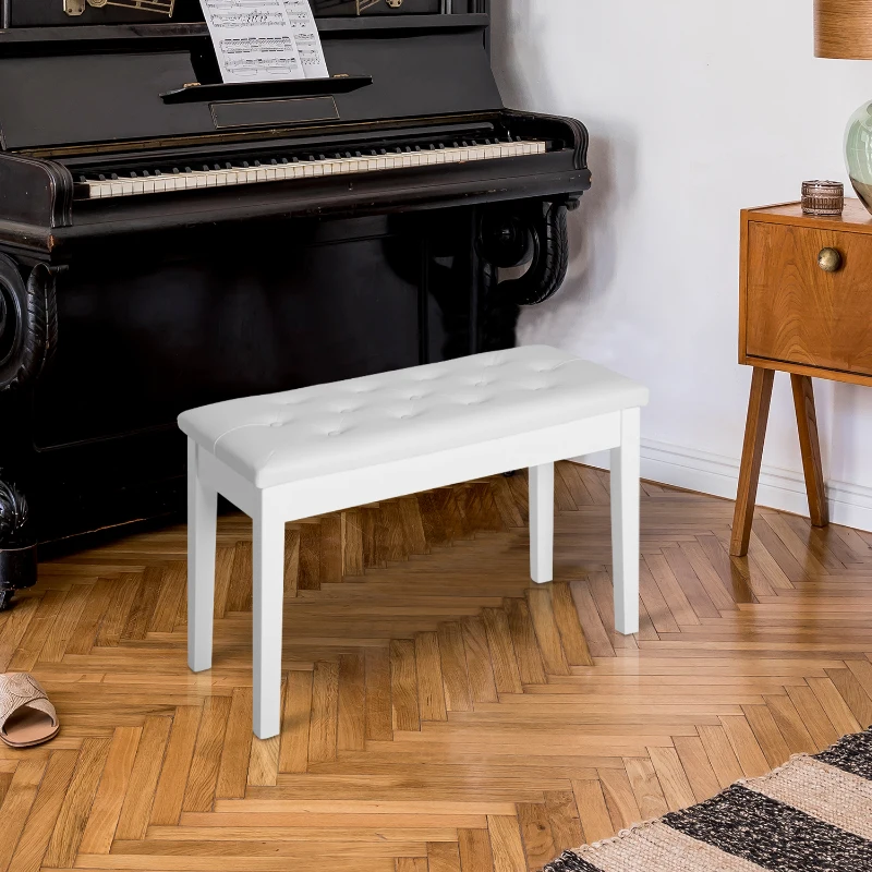 HOMCOM 30" Piano Bench with Padded Cushion and Storage, Faux Leather Keyboard Bench with Solid Wood Legs, White