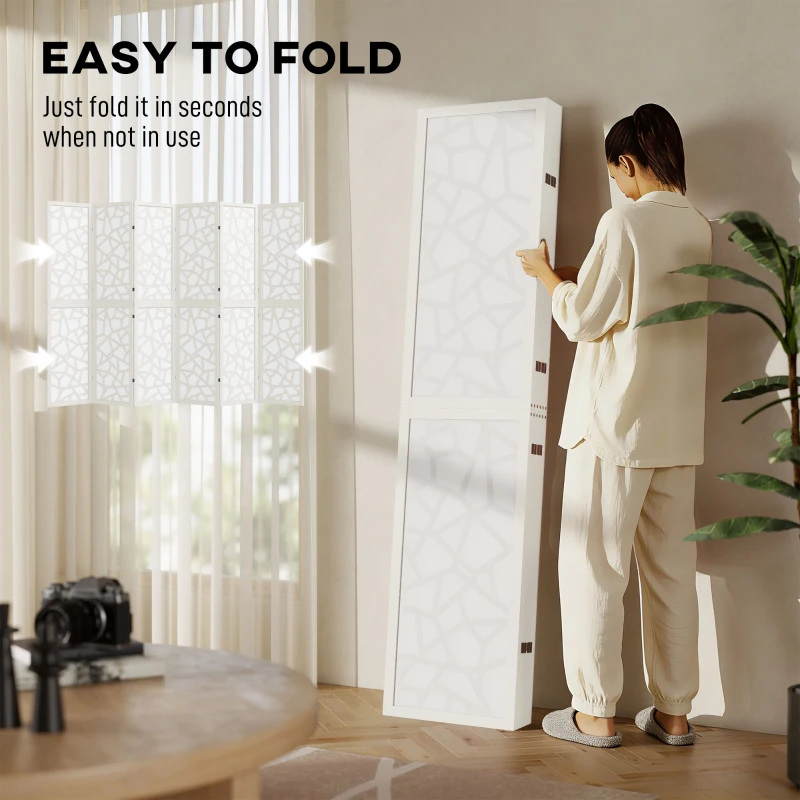 HOMCOM 6 Panel Room Divider, 5.6 FT Lightweight Folding Privacy Screen with Geometric Pattern for Living Room, Bedroom, White