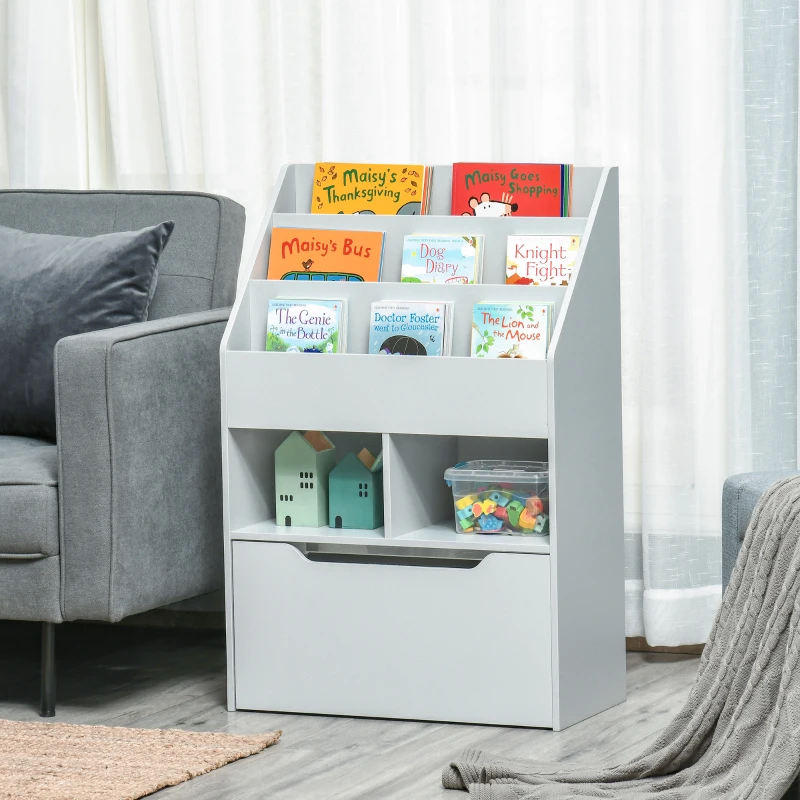 HOMCOM Kids Bookcase Multi-Shelf Rack Organizer with Storage Drawer for Books for Reading Nook, Classroom, Bedroom, Playroom, Grey