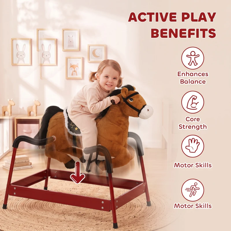 Qaba Kids Spring Rocking Horse, Ride on Horse with Neighing Sounds, Plush Animal Ride on Toy for Ages 3+ Years, Brown