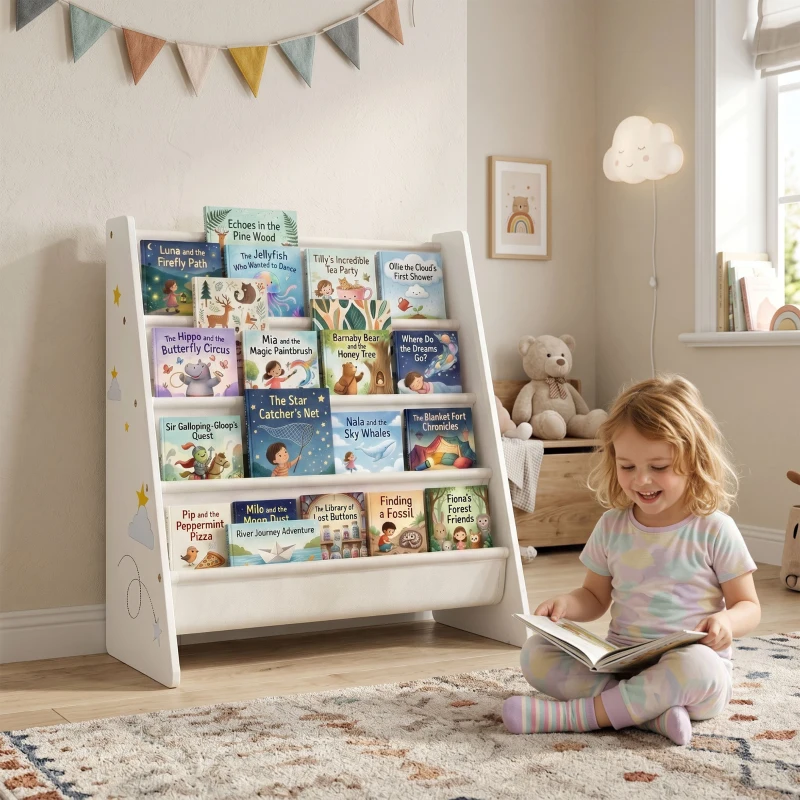 Qaba Fabric Kids Bookshelf, 4-Tier Toddler Sling Book Rack for Playroom, Bedroom, Nursery and Kids Room for Ages 3-6, White