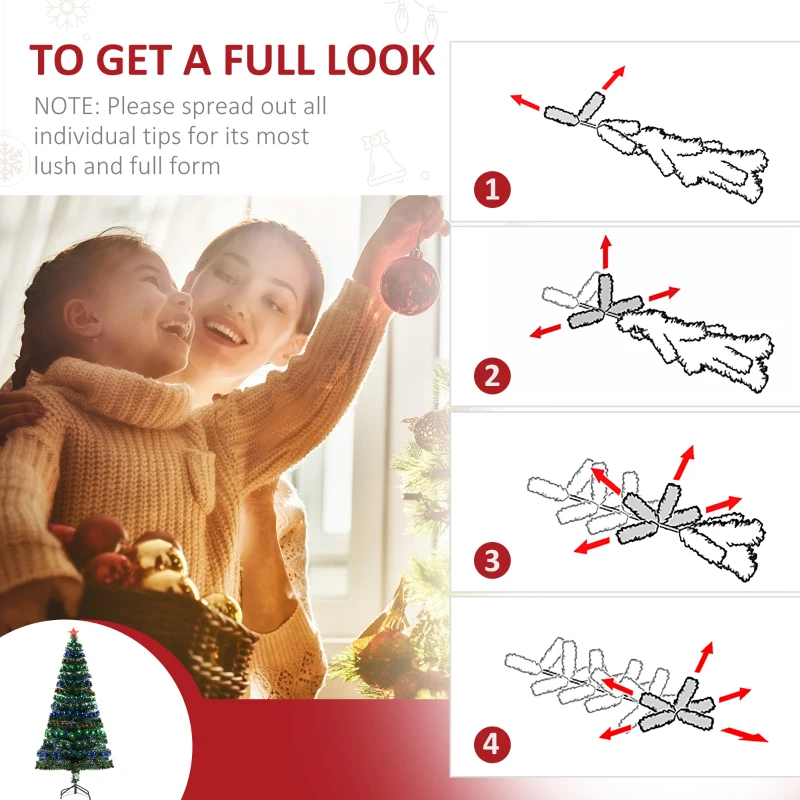 HOMCOM 6' Tall Prelit Full Fir Artificial Christmas Tree with Realistic Branches, 230 Green/Red/Blue  Fiber Optic Lights and 230 Tips