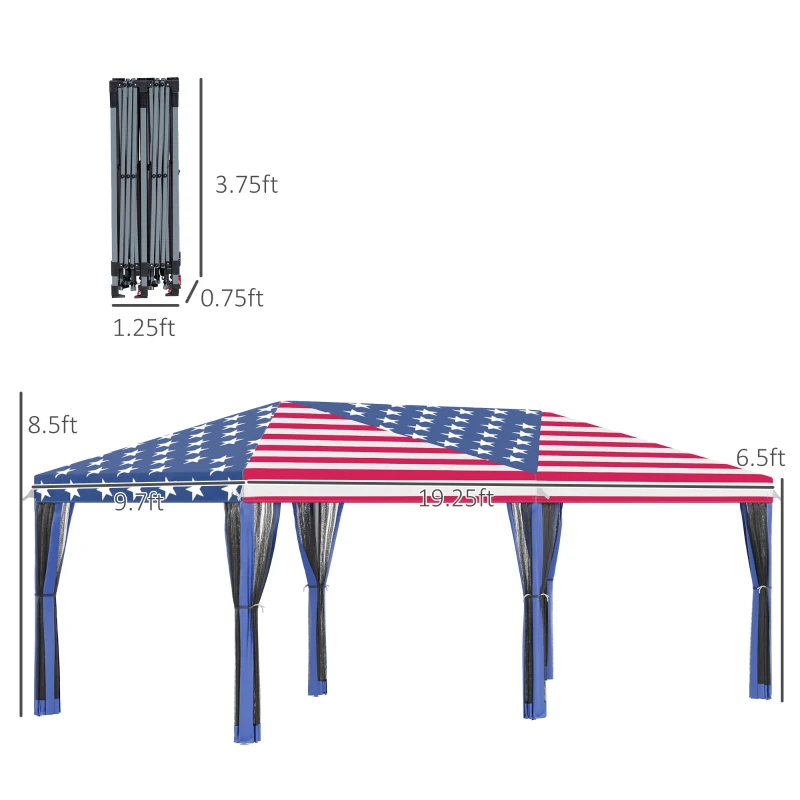 Outsunny 10'x20' Pop Up Party Tent Gazebo Wedding Canopy with 6 Sidewalls, American Flag