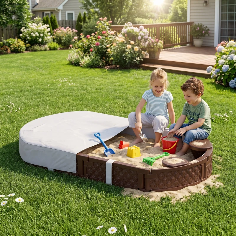 Qaba Kids Sandbox with Cover, 4 Corner Seats, Bottom Liner for Backyard, Garden, Outdoor, 71" x 42" W x 9", Dark Brown