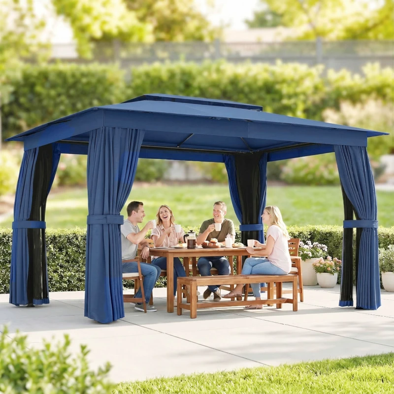 Outsunny 10' x 12' Outdoor Patio Gazebo, Soft Top Gazebo Canopy Shelter with Curtains, Netting, Steel Frame, Hooks, Blue