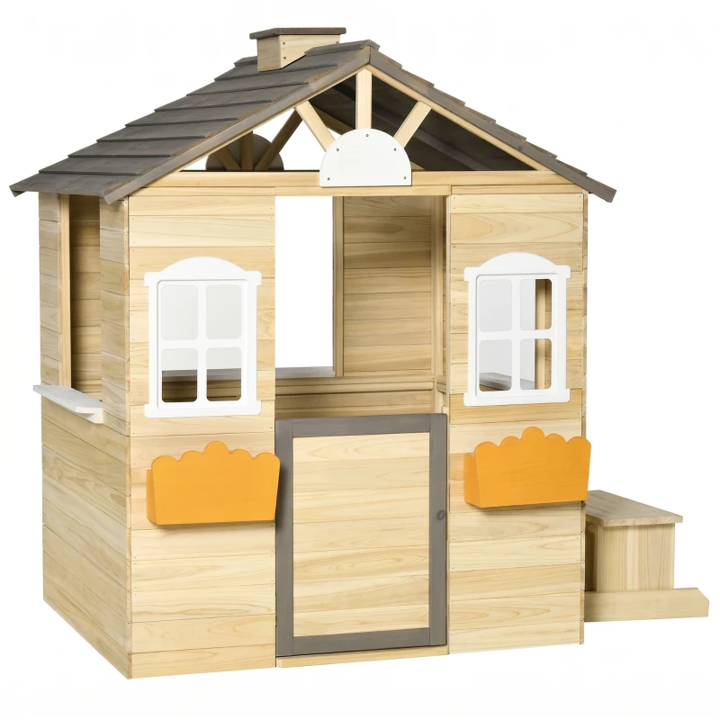 Outsunny Outdoor Playhouse, Wooden Kids Playhouse with Working Door, Windows, Bench, Service Station, Flower Pot Holder, Cottage Play House for 3-7 Years Old Pretend Play, Natural