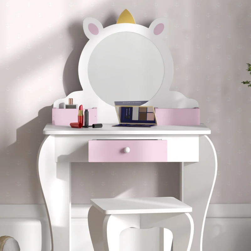 Qaba Kids Makeup Vanity Set with Stool, Mirror, Drawer, Storage Boxes, Unicorn Design, White