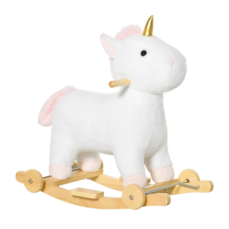Qaba 2 in 1 Kids Rocking Horse, Rolling Unicorn with Sound, Wooden Base, Pedal, Grip Handle, for 3-6 Years Old, White