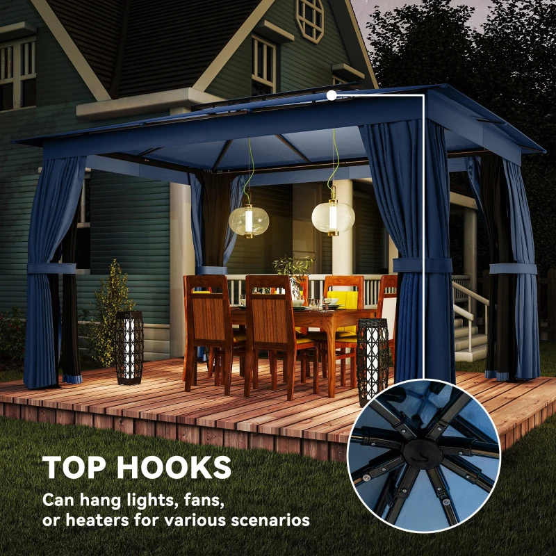 Outsunny 10' x 12' Outdoor Patio Gazebo, Soft Top Gazebo Canopy Shelter with Curtains, Netting, Steel Frame, Hooks, Blue