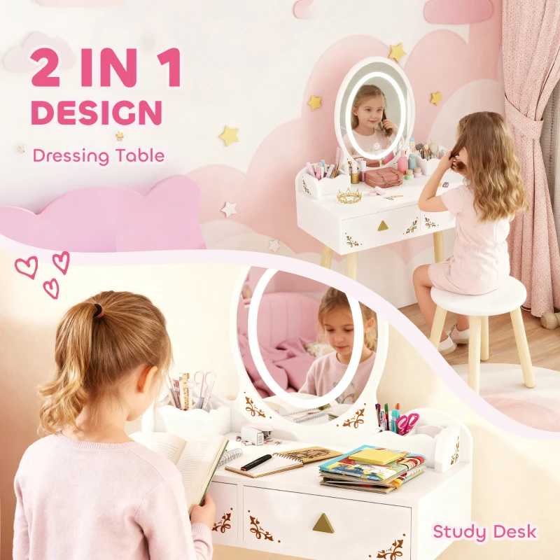 Qaba Kids Vanity Set with Mirror, Stool, 3-Colour LED Lights, Girls Dressing Table Pretend Play for Kids Room, Pink