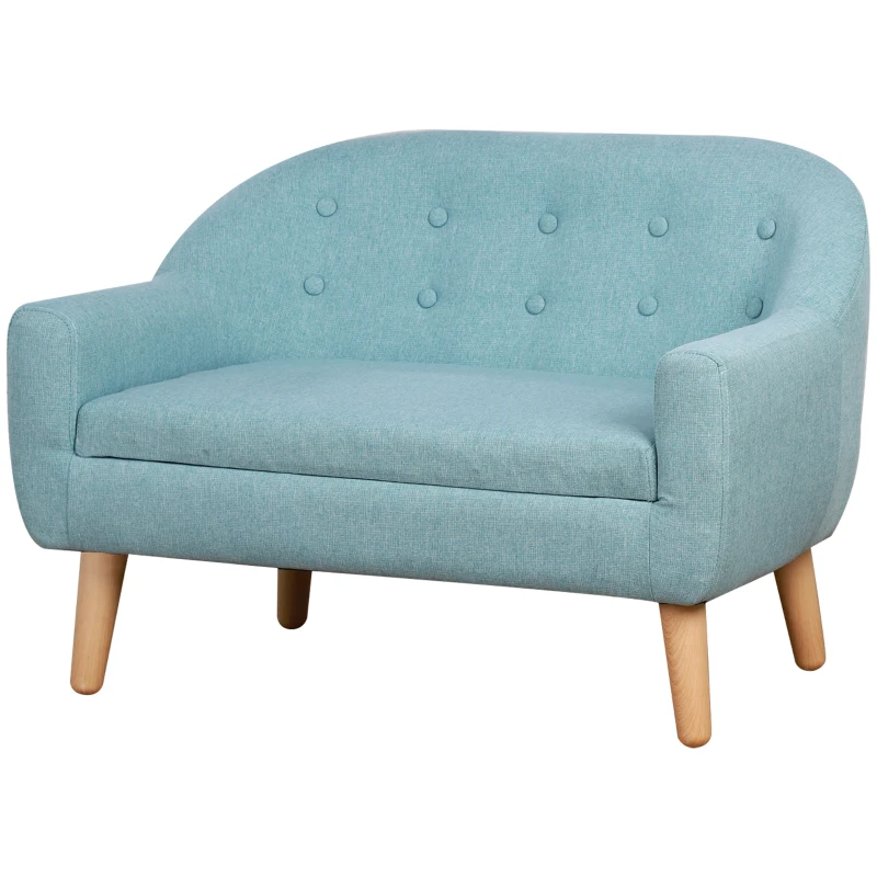 Qaba 2-Seat Kids Sofa, Toddler Sofa Couch, Linen-Like Fabric & Wood Frame Sofa Chair for Ages 3-7, 11" High Seat, Blue