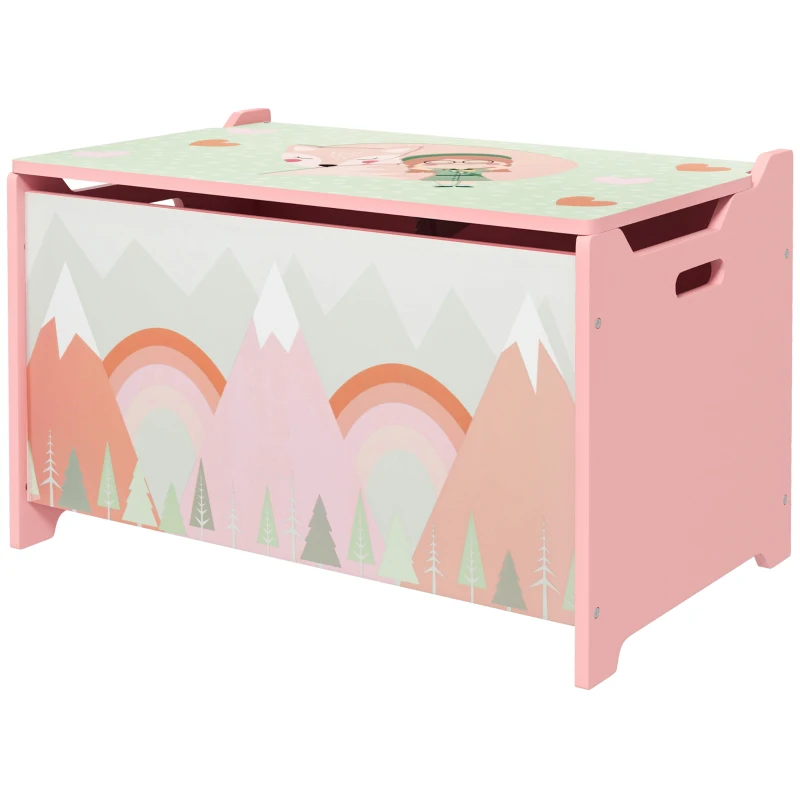 Qaba Toy Box, Kids Storage Chest with Lid, Safety Hinges and Groove Handles, Toy Storage Organizer with Rainbow Pattern for Boys, Girls, Pink