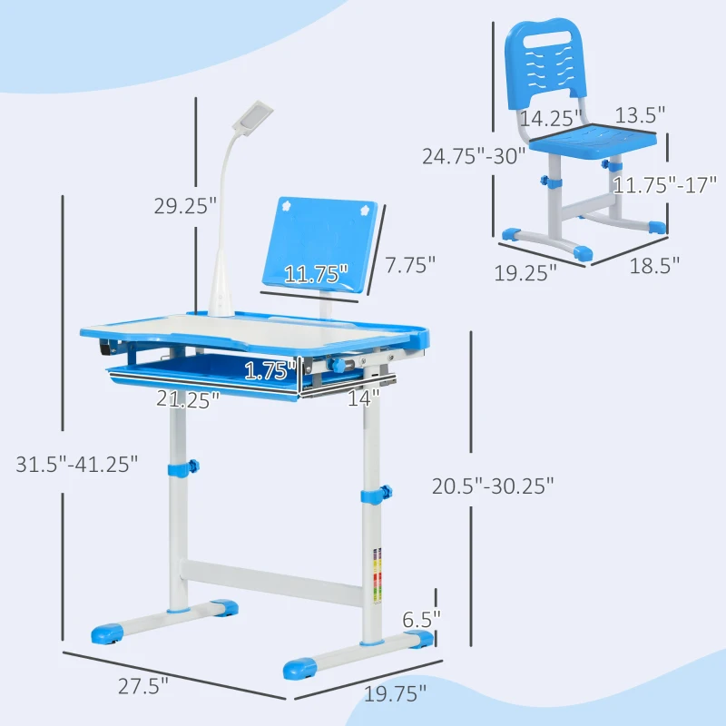 Qaba Kids Desk and Chair Set with USB Light, Storage Drawer, Blue