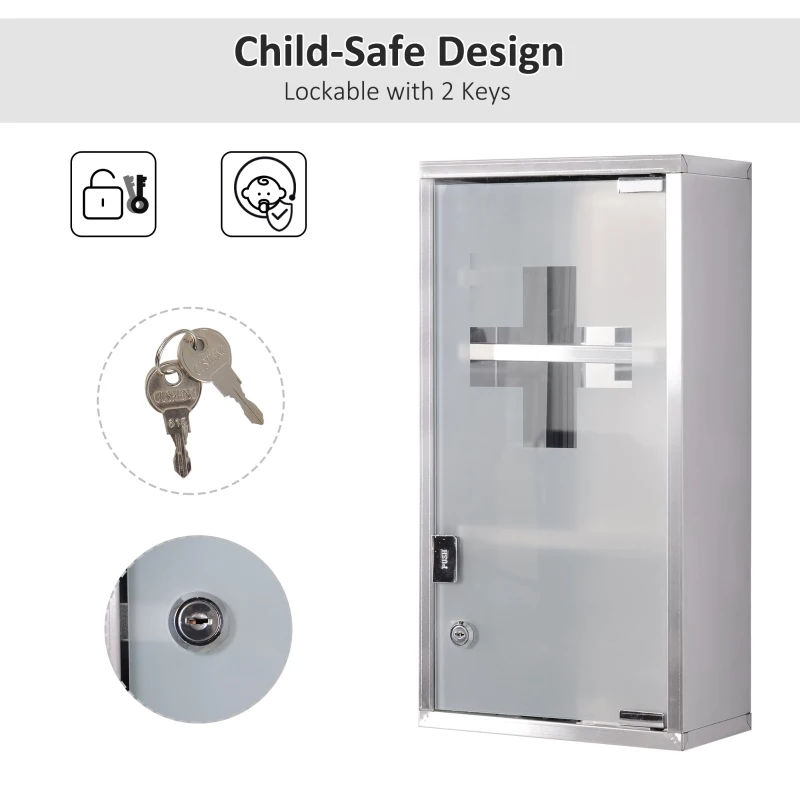HOMCOM Wall Mount Medicine Cabinet Bathroom Cabinet with 2 Shelves, Stainless Steel Frame and Glass Door, Lockable with 2 Keys