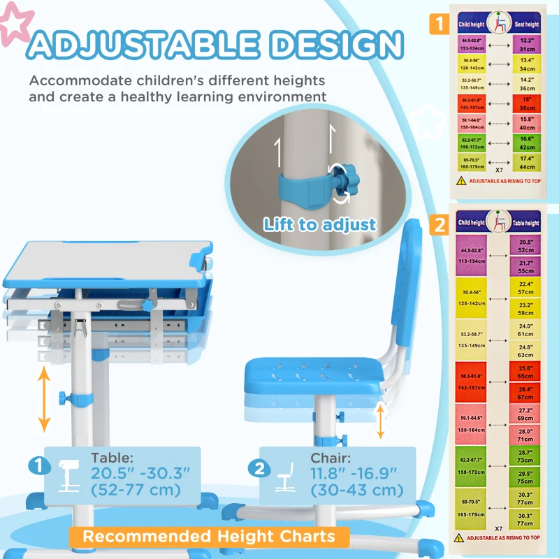 Qaba Height Adjustable Kids Desk and Chairs Set with Tilt Desktop, Storage Drawer, Pen Slot, Hook, Blue