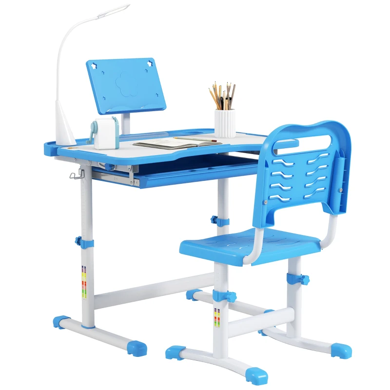 Qaba Kids Desk and Chair Set Height Adjustable Student Writing Desk Children School Study Table with Tilt Desktop, Blue