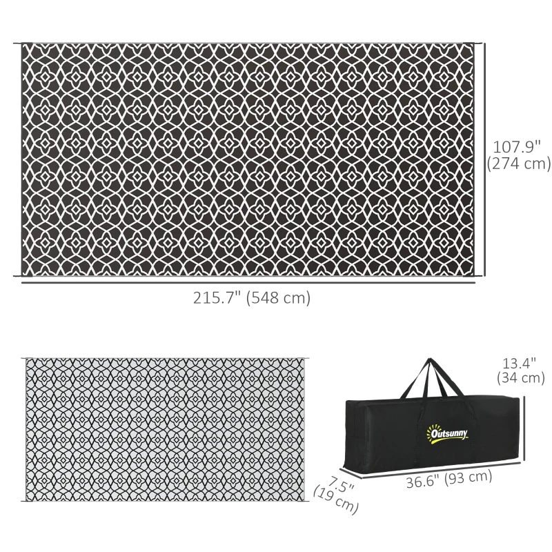 Outsunny Reversible Outdoor Rug, Waterproof Plastic Straw RV Rug with Carry Bag, 9' x 18', Black and White Clover