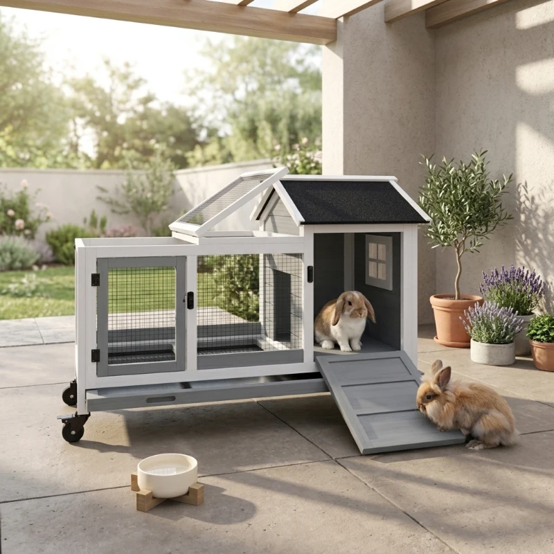 PawHut Wooden Rabbit Hutch with Wheels, Run, Slide-out Tray for Small Animals, Guinea Pig, Blue