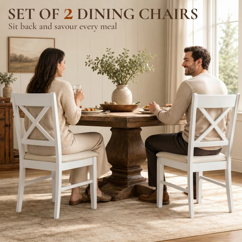 HOMCOM Dining Chairs Set of 2, Upholstered Kitchen Chairs with Rubberwood Frame, Padded Seat and X-Back, White