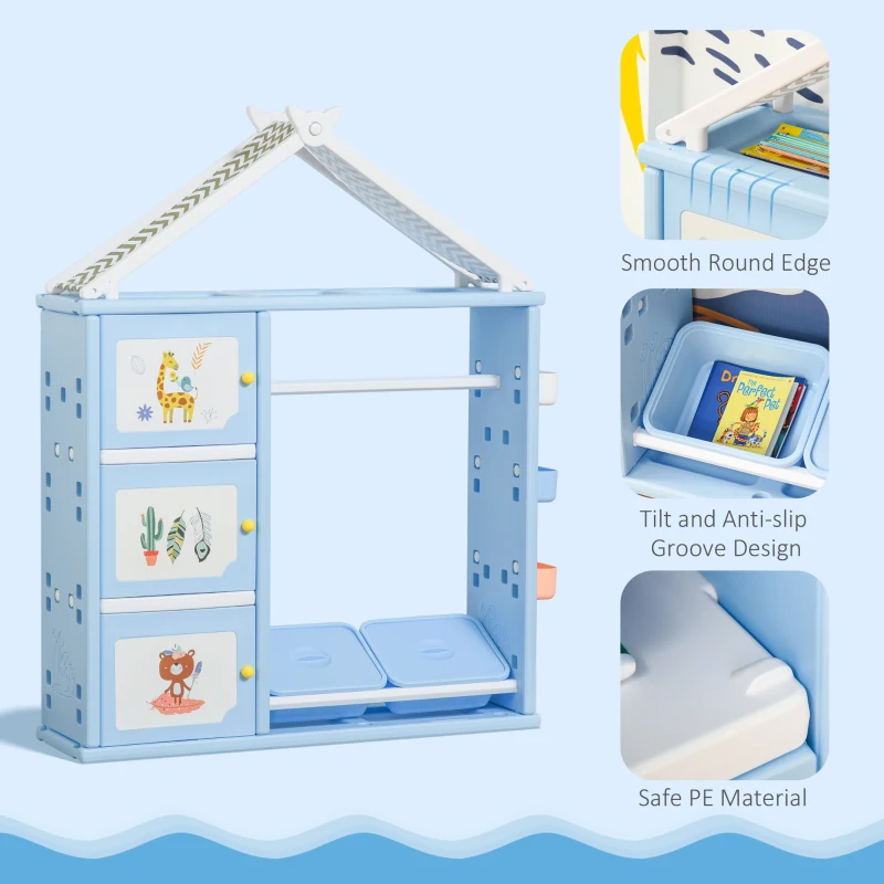 Qaba Kids Dress Up Storage, Multifunctional Kids Wardrobe Closet Hanging Rack Built for Kids Bedroom Storage, Featuring Bins, Cabinets, Top Shelf, and Drop-In Shelves, Blue