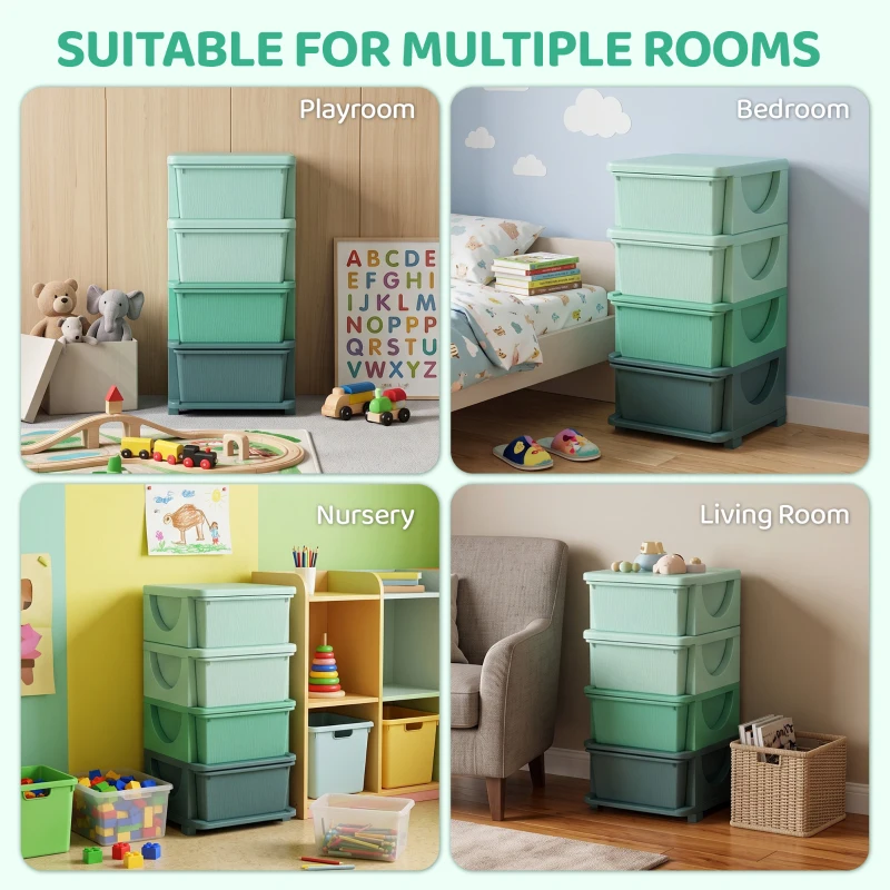 Qaba 4 Tier Kids Storage Unit, Toy Organizers and Storage with 4 Drawer for Bedroom Nursery Living Room for Boys Girls Green