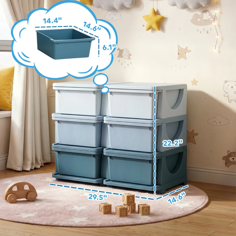 Qaba 3 Tier Kids Storage Organizer with 6 Drawers for Bedroom, Nursery, Kindergarten, Living Room, Boys and Girls, Blue