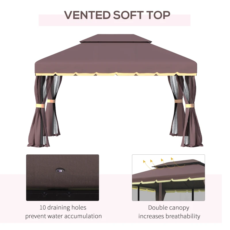 Outsunny 10' x 13' Patio Gazebo, Aluminum Frame Double Roof Outdoor Gazebo Canopy Shelter with Netting & Curtains, Coffee