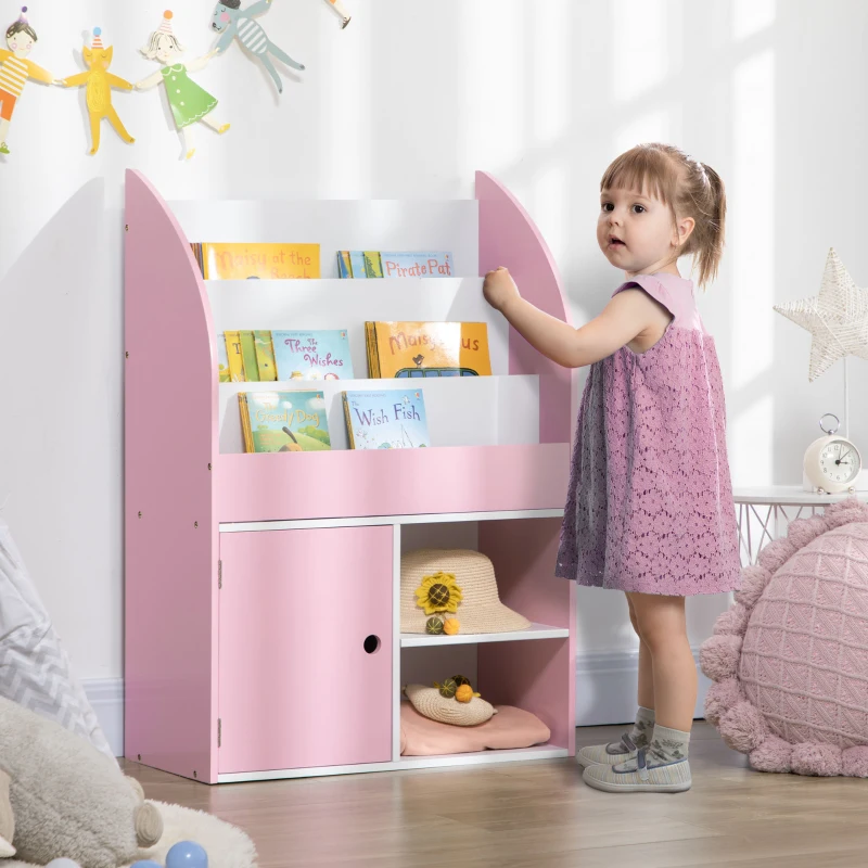 Qaba Toy Storage Organizer, Kids Bookshelf, Freestanding Children Bookcase with Cabinet for Toys Clothes Books, Pink
