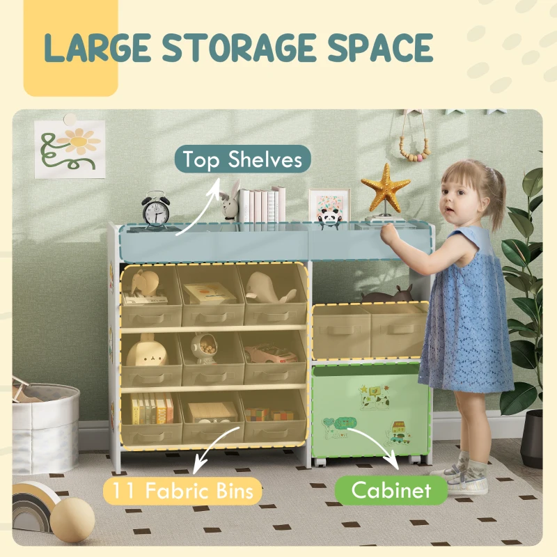 Qaba Toy Storage Organizer with 11 Non-Woven Fabric Boxes, Storage Cabinet & Shelves, for Kids Room, Nursery, Playroom White