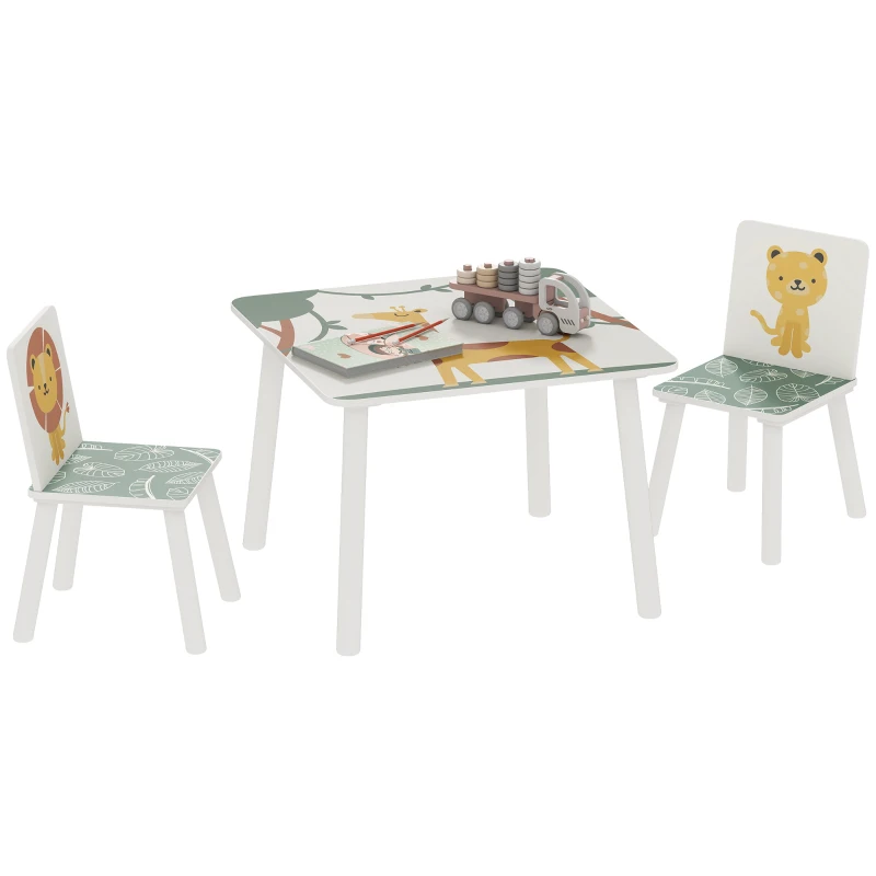 Qaba 3-Piece Kids Table and Chair Set with Animal Pattern for Boys and Girls Aged 3-8, Bedroom, Nursery, Playroom, Green