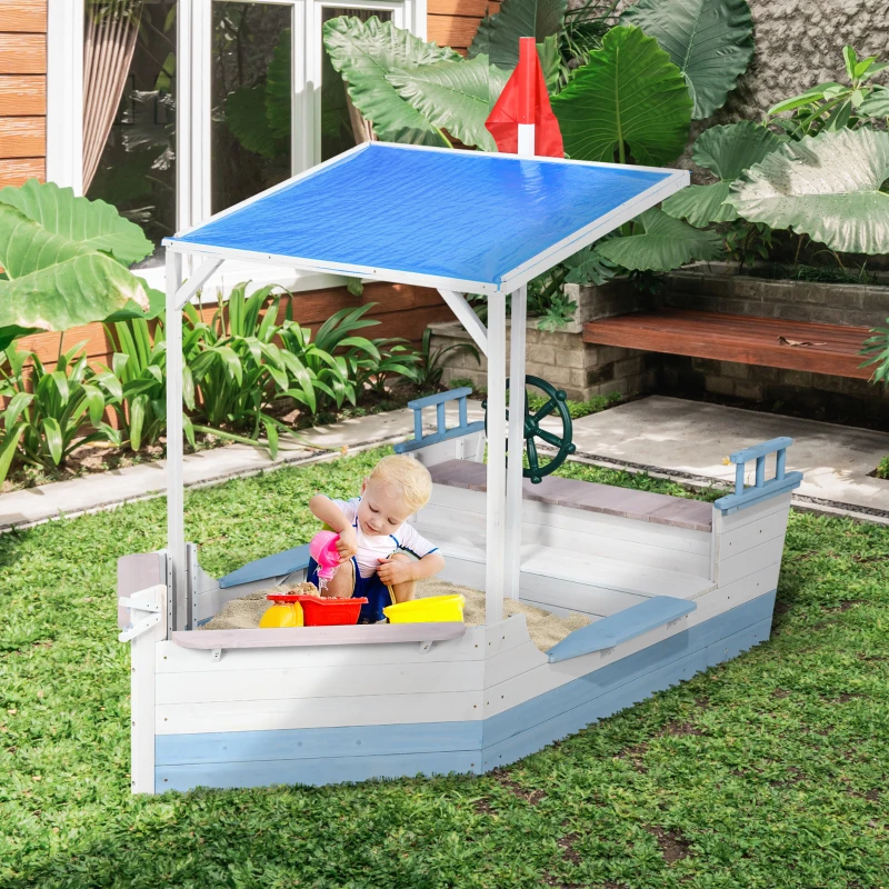 Outsunny Kids Sandbox with Canopy, Pirate Ship Wooden Sand Boxes with Bench for Backyard, Sand Pit for Toddlers, 83" x 43", Blue