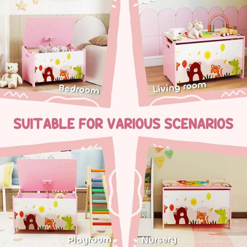 Qaba Kids Storage Chest with Lid, Toy Box Organizer with Safety Hinges for Playroom, Bedroom, Living Room, Pink