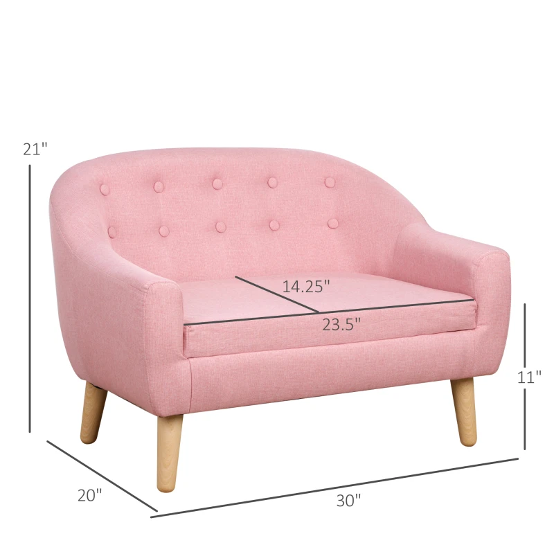 Qaba 2-Seat Kids Sofa, Toddler Sofa Couch, Linen-Like Fabric & Wood Frame Sofa Chair for Ages 3-7, 11" High Seat, Pink