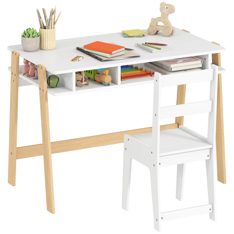 Qaba Kids Desk and Chair Set with Storage for Bedroom, School, Gift for Children Ages 3-12, White