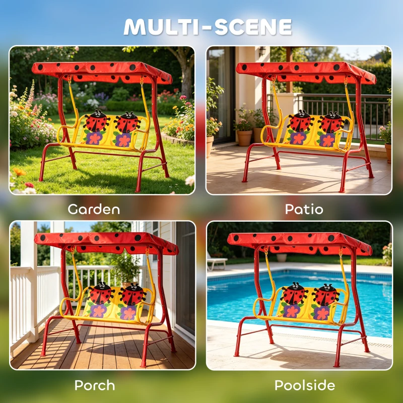 Outsunny Kids Patio Swing, Adjustable Canopy Swing Glider, Kids Outdoor Swing Chair with 2 Seats, Seat-Belted Safety, Red