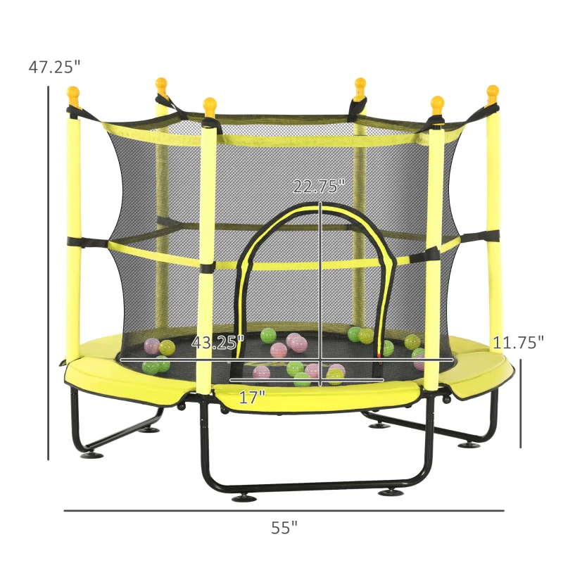 Qaba 4.6' Trampoline for Kids with Safety Enclosure & Ball Pit, Yellow