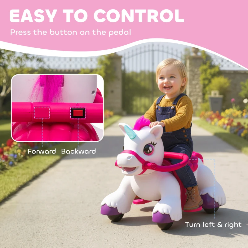 Qaba 12V Unicorn Ride on Toy, Battery Powered Kids Electric Ride on Horse with Carrot Toy, Comb, Animal Sounds