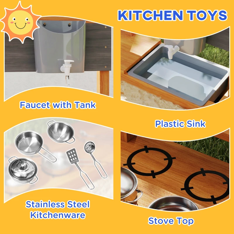 Outsunny Kids Sandbox with Cover Kitchen Playset Toys, Wooden Sand Box with Seat, Storage, for 3-7 Years Old, Red
