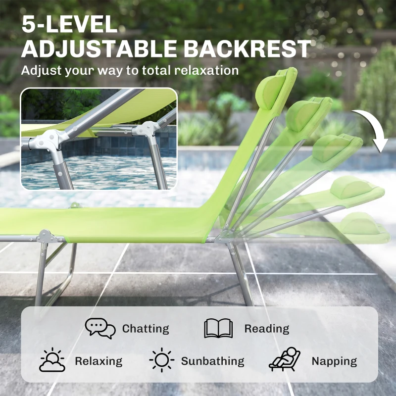 Outsunny Outdoor Lounge Chair, Portable Adjustable Reclining Seat Folding Chaise Lounge Patio Camping Beach Tanning Chair Bed with Pillow, Light Green