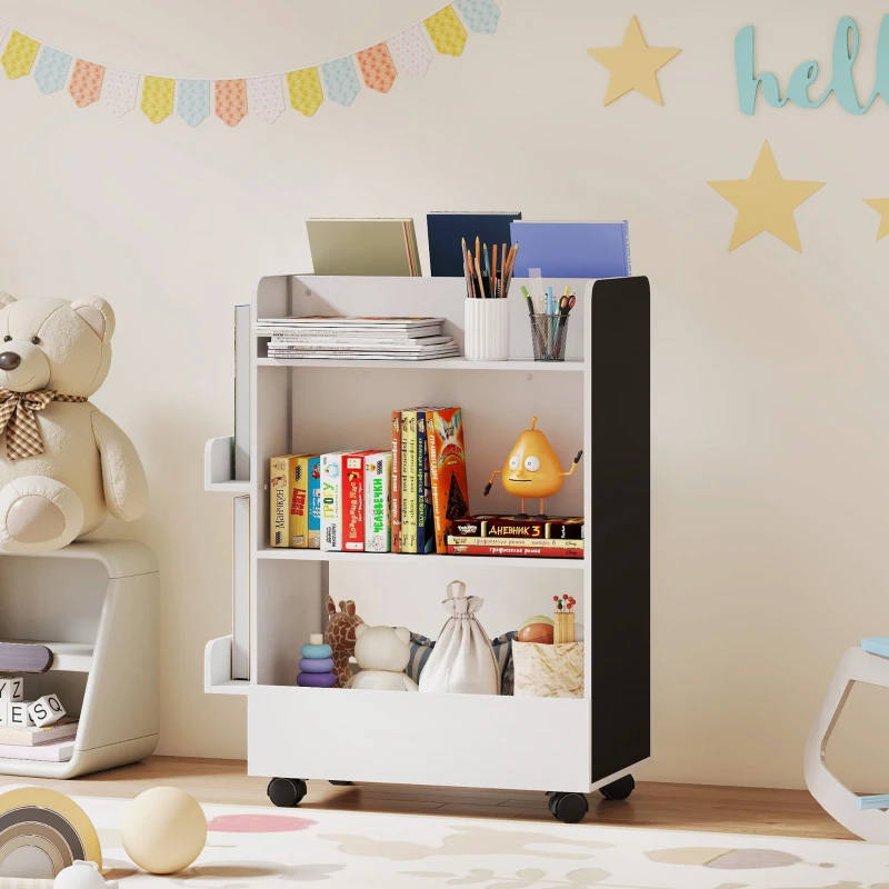 Qaba Kids Bookshelf, Kids Bookcase with Wheels & Blackboard, for Nursery, Kids Room, Playroom, for 3-8 Years