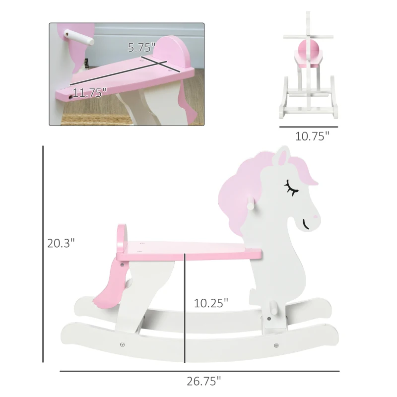 Qaba Little Wooden Rocking Horse Toy for Kids' Imaginative Play, Children's Small Baby Rocking Horse Ride-on Toy for Toddlers 1-3, Pink and White