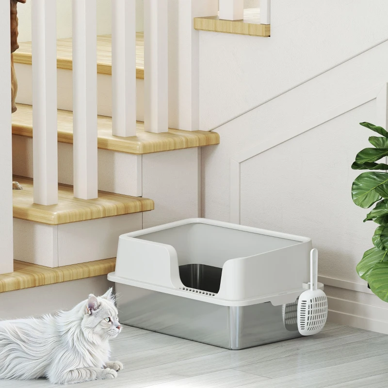 PawHut Stainless Steel Litter Box with High Side, Scoop, Easy Cleaning & Anti-Urine Leakage, for Big Cats, Light Gray