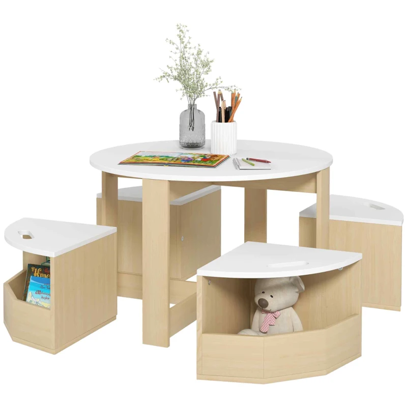Qaba 5 Piece Kids Table and Chair Set with Storage for Kids Room, White