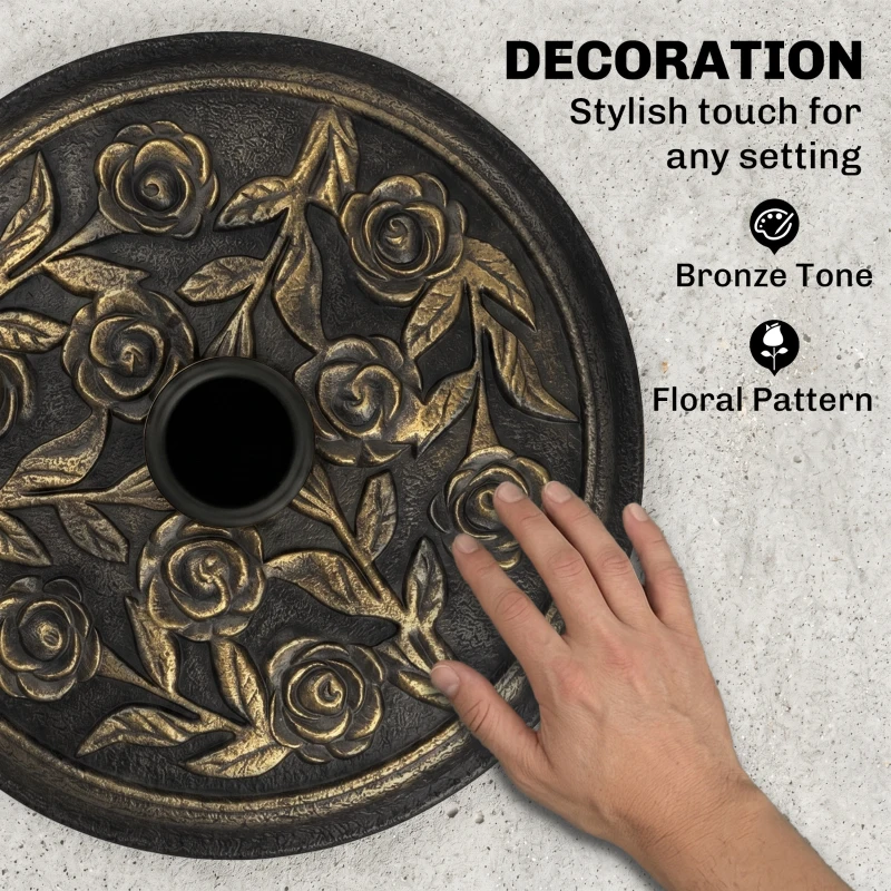 Outsunny 18" 20 lbs Round Resin Umbrella Base Stand Market Parasol Holder with Decorative Rose Floral Pattern & Easy Setup, for Φ1.5", Φ1.89" Pole, for Lawn, Deck, Backyard, Garden, Bronze