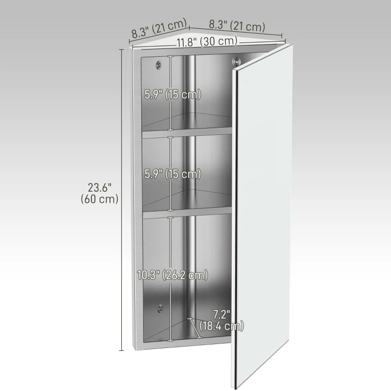 HOMCOM Wall mounted Bathroom Corner Mirror Storage Cabinet Stainless Steel with Single Door