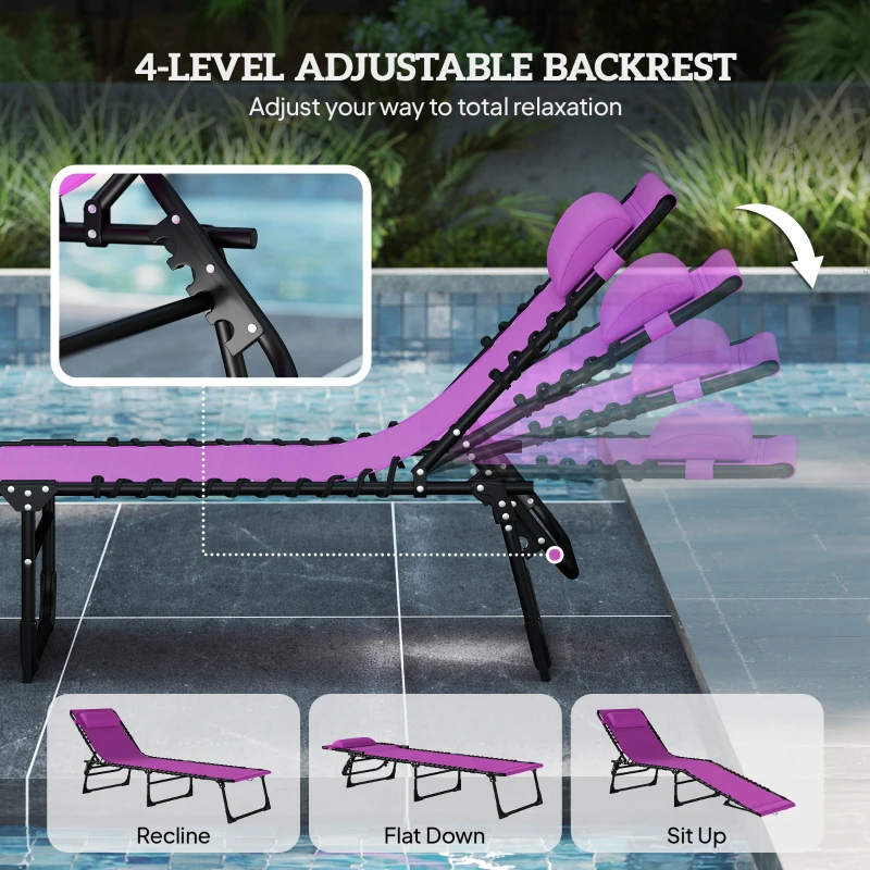 Outsunny 2 Folding Chaise Lounge Pool Chairs with 4-Position Reclining Back, Pillow, Breathable Mesh & Bungee Seat, Purple