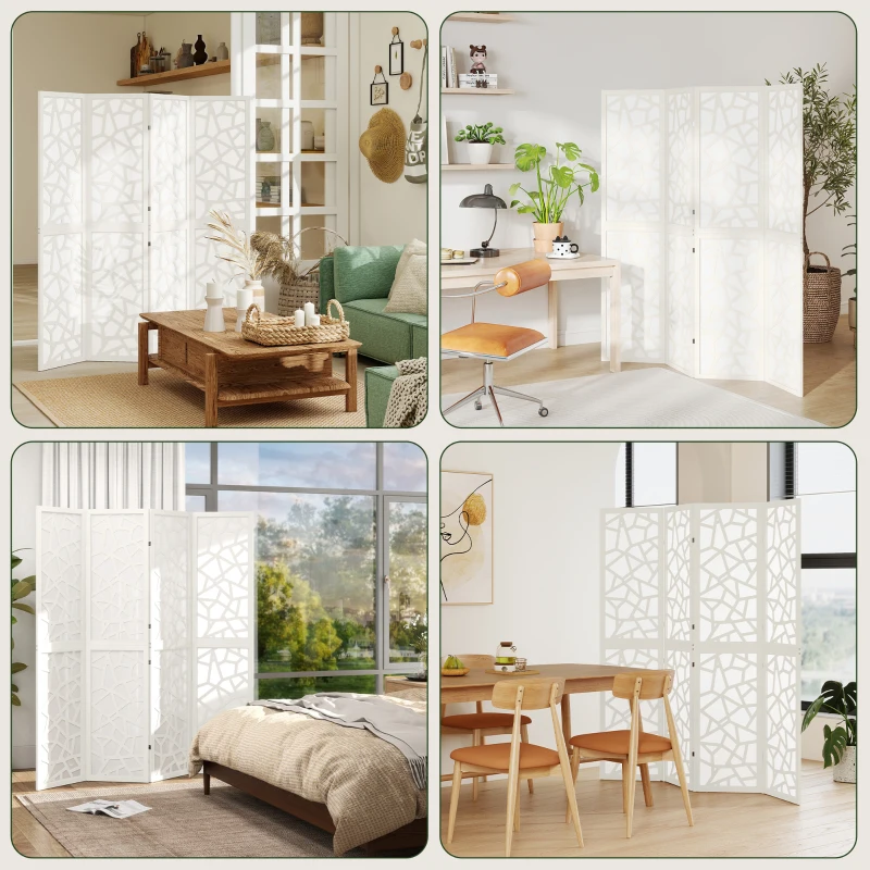 HOMCOM 4 Panel Room Divider, 5.6 FT Lightweight Folding Privacy Screen with Geometric Pattern for Living Room, Bedroom, White